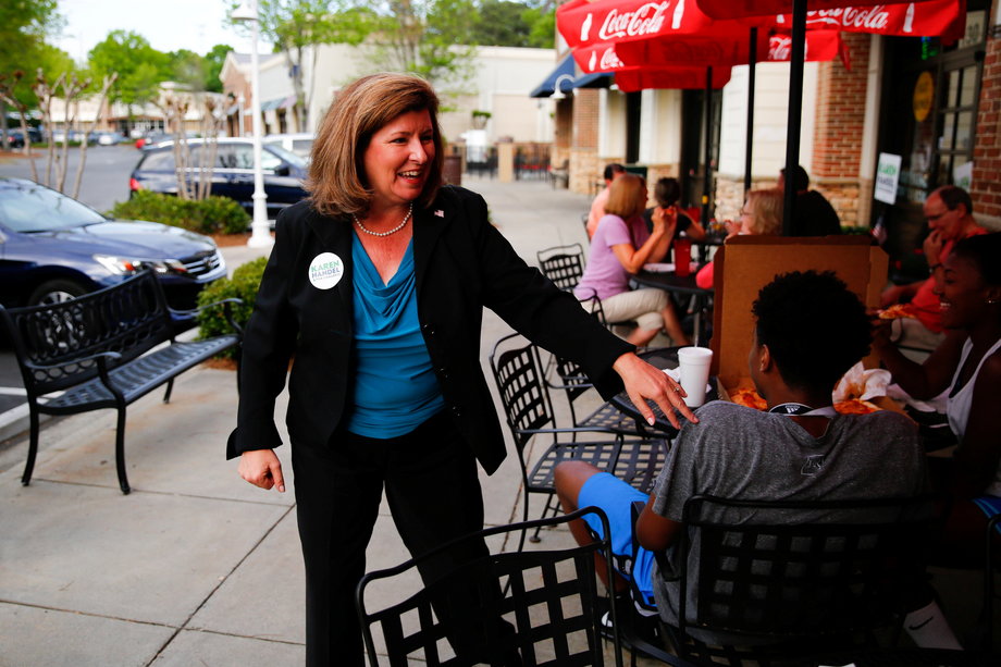 Republican candidate Karen Handel for Georgia's 6th Congressional District special election talks to supporters during a campaign stop at Santino's Italian Restaurant & Pizzeria in Alpharetta, Georgia.