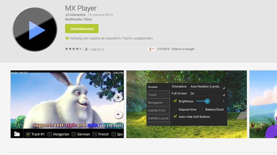 <b>MX Player</b>
<br><br>
Bez wątpienia najlepszy odtwarzacz plików wideo na urządzenia mobilne. Radzi sobie z większością formatów i nie ma najmniejszych problemów z przetwarzaniem filmów w jakości 1080p. Obsługuje również najpopularniejsze formaty napisów.