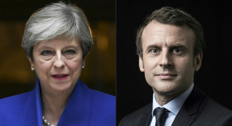 Britain's Prime Minister Theresa May, struggling after losing her parliamentary majority, will hold talks with French President Emmanuel Macron who appears to be on course for a strong parliamentary election result.