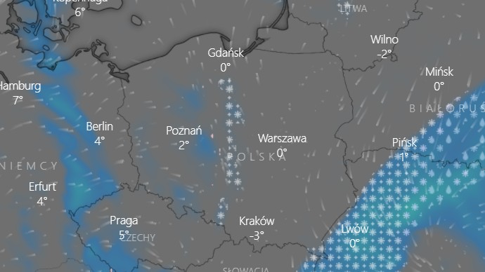 Prognozowane opady na poniedziałek, 13 grudnia