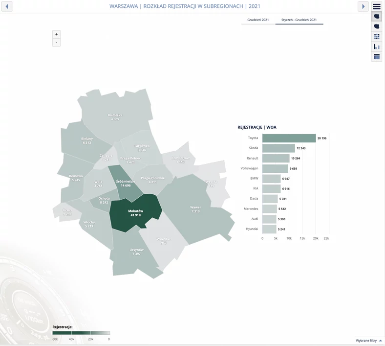 Rejestracje pojazdów w dzielnicach Warszawy w 2021 r.