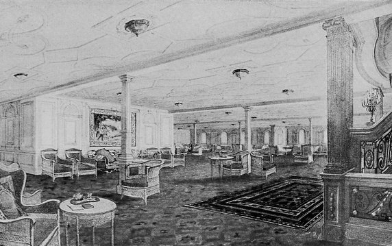 Rysunek przedstawiający salon pierwszej klasy opublikowany w magazynie "The Shipbuilder" w 1911 r.