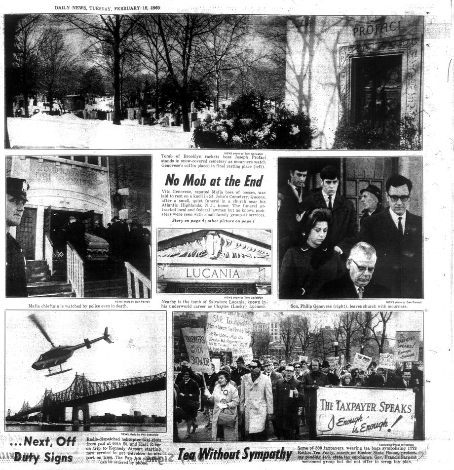 Strona "Daily News" z 18 lutego 1969 r. ze zdjęciem i nagłówkiem informującym o pogrzebie Vito Genovese
