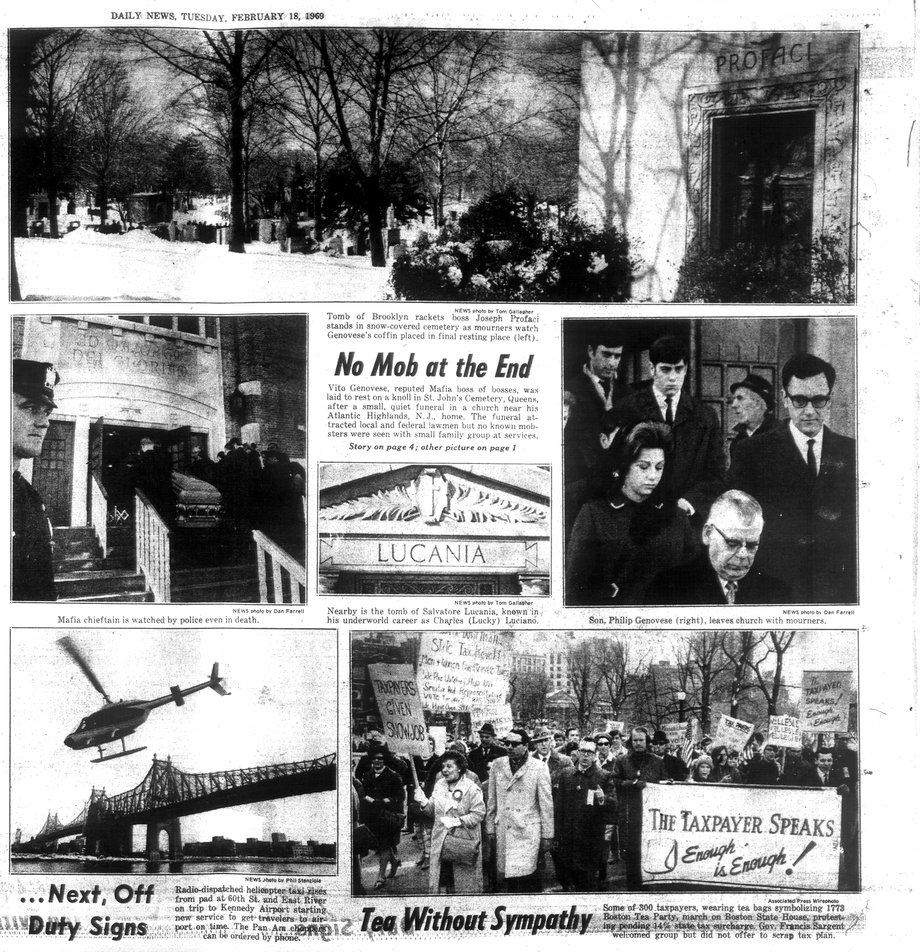 Strona "Daily News" z 18 lutego 1969 r. ze zdjęciem i nagłówkiem informującym o pogrzebie Vito Genovese