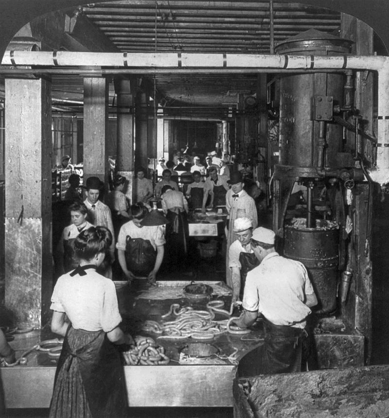 W podobnej fabryce miała zginąć Louise. Tu robotnicy w pakowni mięsa Swift and Company w Chicago [ok. 1905 r.]
