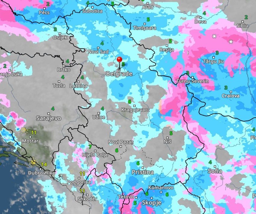 Kretanje kiše i snega sutra u 15 časova