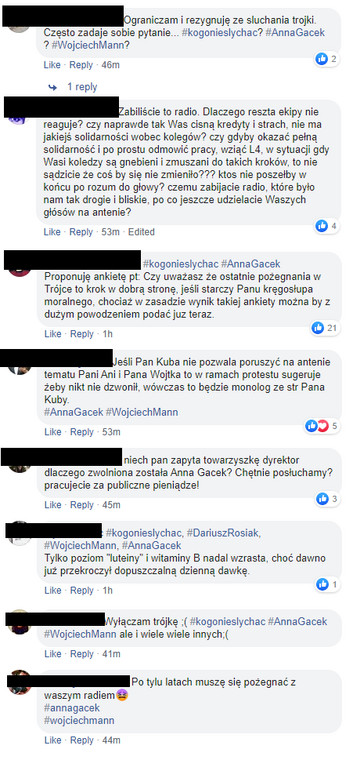 Reakcje słuchaczy na odejście Wojciecha Manna. Fanpage "Trójka - Program 3 Polskiego Radia"