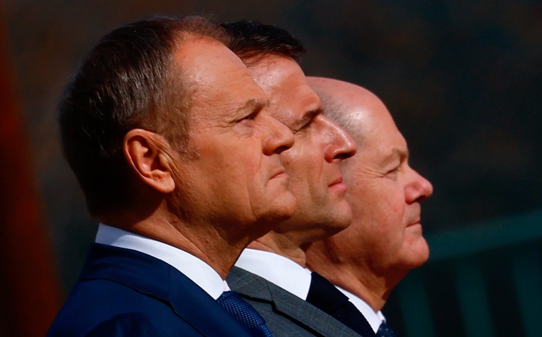 Donald Tusk, Emmanuel Macron i Olaf Scholz w Berlinie