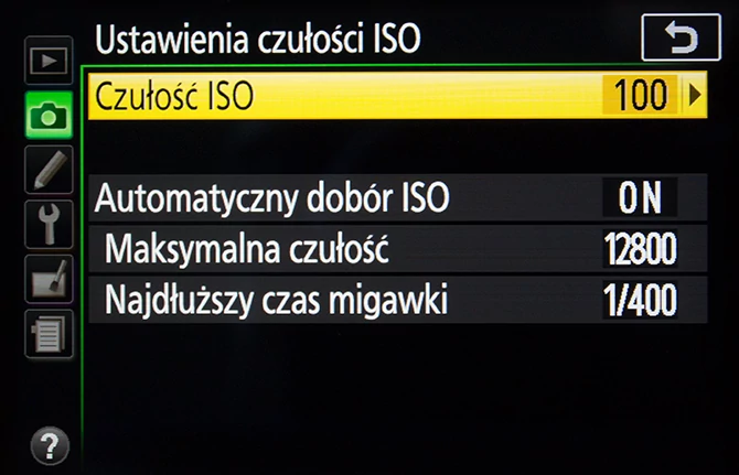 Menu ustawień ISO