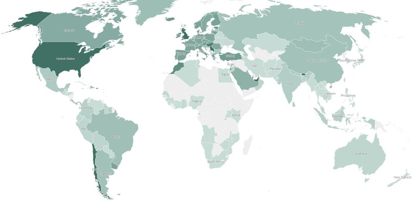 Tamnijom zelenom bojom su obojene zemlje u kojima je vakcinisan veći broj ljudi