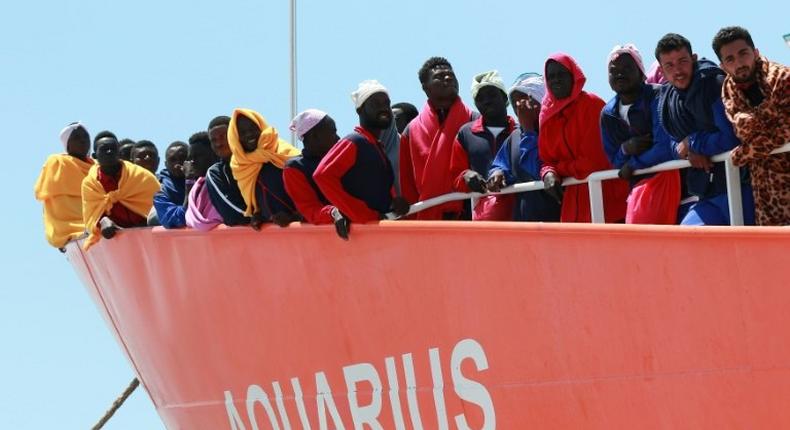 The Aquarius rescue Ship run by NGO S.O.S. Mediterranee and Medecins Sans Frontieres arrives in the port of Salerno on May 26 2017