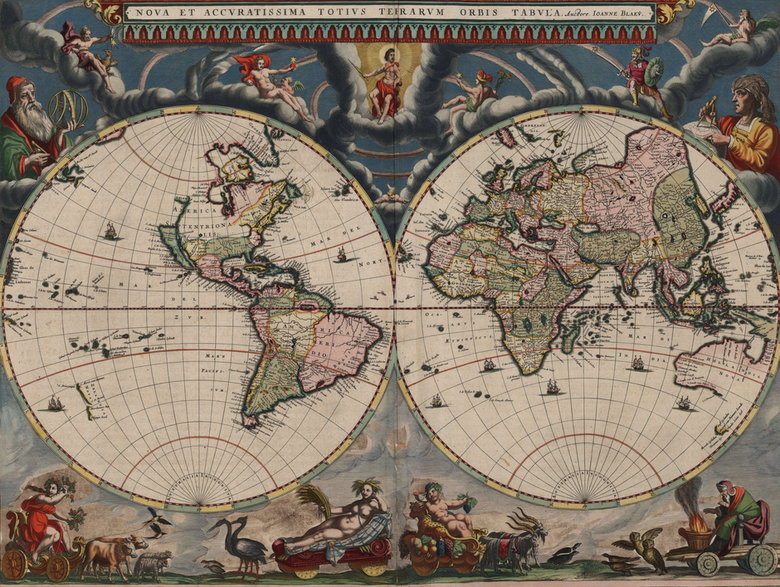 Mapa świata przygotowana przez Joana Blaeu, opublikowana w pierwszej księdze Atlasu Van Loon w 1664 r.