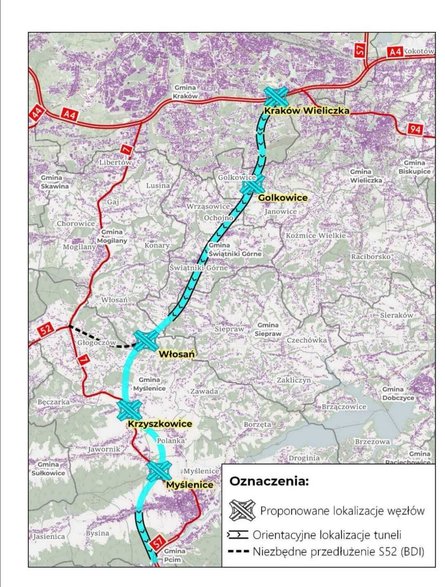 Wariant niebieski S7 Kraków-Myślenice