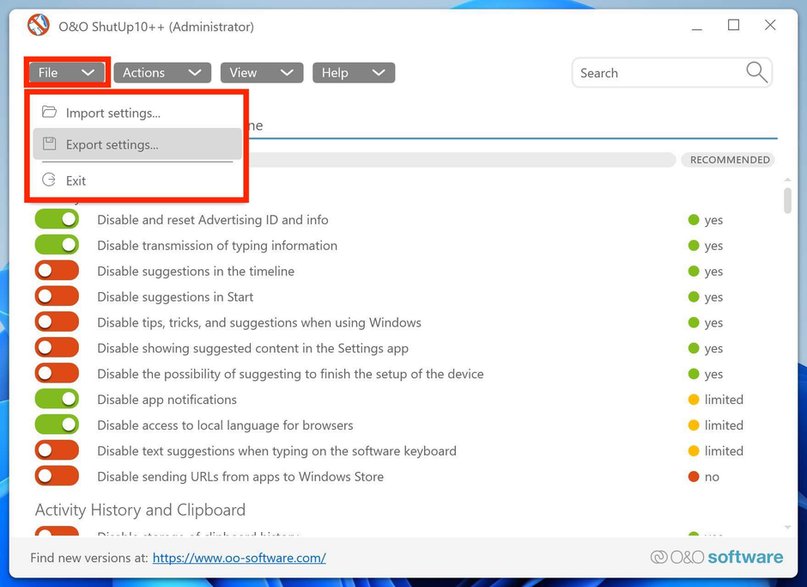 O&O ShutUp10++: Eksportowanie i importowanie ustawień