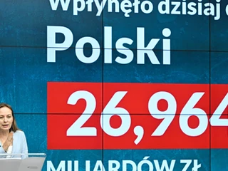 Minister funduszy i polityki regionalnej Katarzyna Pełczyńska-Nałęcz podczas konferencji prasowej na temat wypłaty pierwszych pieniędzy z KPO dla Polski.