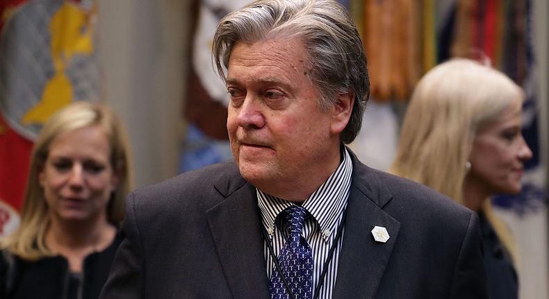 White House Chief Strategist Steve Bannon waits for the arrival of U.S. President Donald Trump for a meeting on cyber security in the Roosevelt Room at the White House January 31, 2017 in Washington, DC.