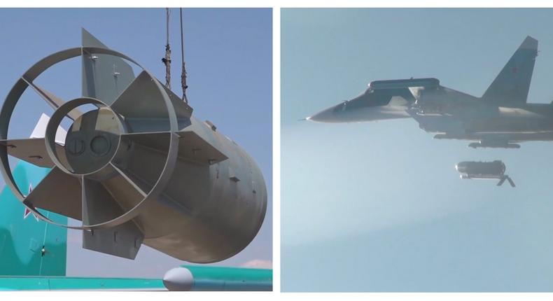 A composite image shows what Russia says is a FAB-3000 glide bomb being loaded onto a Su-34 aircraft and the aircraft dropping the bomb.Telegram/Ministry of Defense of Russia/Business Insider