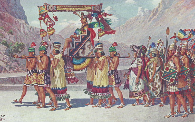 Ilustracja Herberta M. Hergeta przedstawiająca księcia Inków, niesionego w lektyce. (domena publiczna)