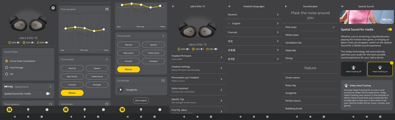 Podstawowe ekrany kontroli ustawień pracy słuchawek w aplikacji Jabra Sound+ (kliknij, aby powiększyć)