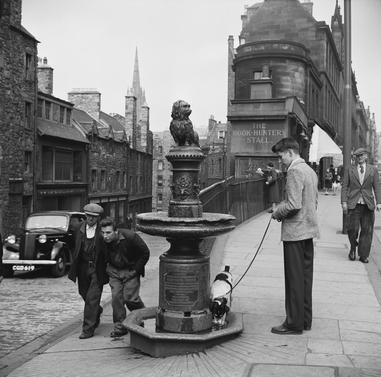 Około 1950 r.: Żwawi czworonożni przyjaciele bardziej interesują się wodą w fontannie niż siedzącą na niej postacią