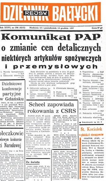 Informacja prasowa o podwyżkach cen / „Dziennik Bałtycki” wydanie na 13 i 14 grudnia 1970 r.