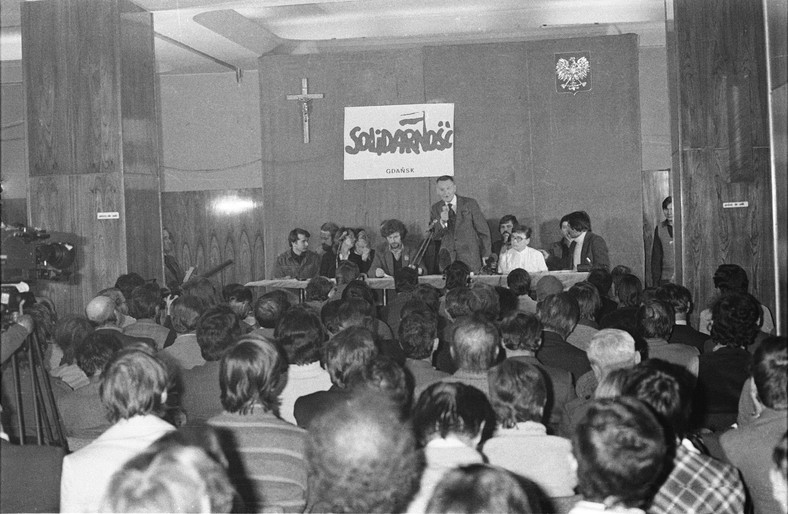 Konferencja prasowa Solidarności, 1981 rok. Na zdjęciu m.in. Bogdan Borusewicz