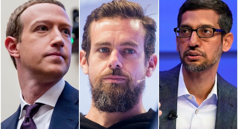 Left to right: Facebook CEO Mark Zuckerberg, Twitter CEO Jack Dorsey, and Google CEO Sundar Pichai.
