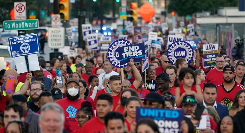 United Auto Workers members march through downtown Detroit on September 15, 2023.AP Photo/Paul Sancya