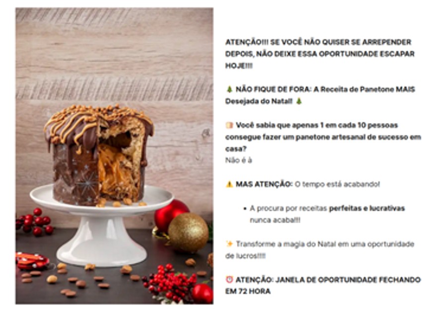 Primer lažne stranice za kupovinu recepta za božićni kolač na portugalskom jeziku