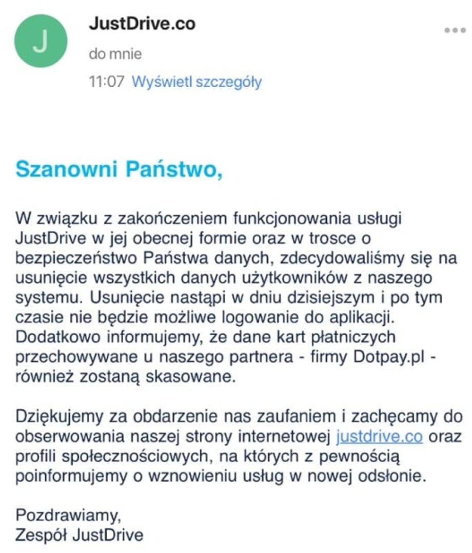 Treść maila, których JustDrive rozsyła do użytkowników usługi