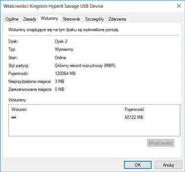 Jak widać, ten pendrive powinien mieć 128 GB, a Windows wykrywa na nim jedynie jedną partycję o wielkości około 60 GB.