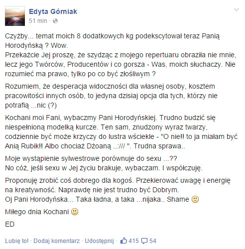 Post Edyty Górniak na jej oficjalnym Facebooku