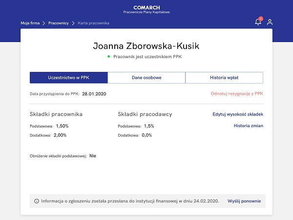 Formularz pracownika pozwalający rejestrować procentową wysokość składek na PPK