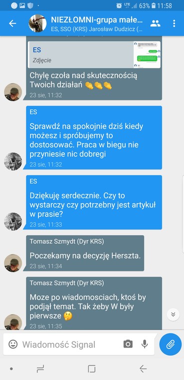 Screen z czatu "Niezłomni" na Signalu