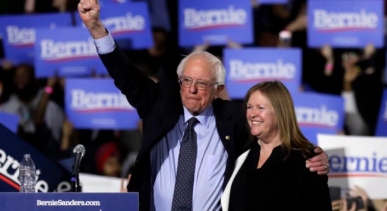 FILE - In this March 3, 2019, file photo, Sen. Bernie Sanders, I-Vt., left, and his wife, Jane Sanders, greet supporters as they leave after his 2020 presidential campaign stop at Navy Pier in Chicago. Bernie Sanders revolution is Jane Sanders career. And her political and business activities have at times been his headache. His closest adviser, she is perhaps the most influential woman in the 2020 campaign who isnt a candidate. (AP Photo/Nam Y. Huh, File)