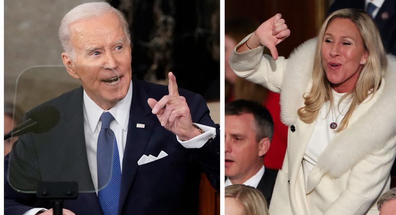 A composite image of President Joe Biden and Rep. Marjorie Taylor Greene, a Georgia Republican, booing the president during the State of the Union.Susan Walsh/AP; Win McNamee/Getty Images