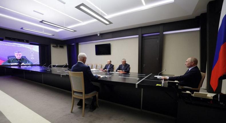 Russian President Vladimir Putin and senior military commanders hold a meeting in the Kremlin during Ukraine's Kursk offensive in August, 2024.GAVRIIL GRIGOROV via Getty Images