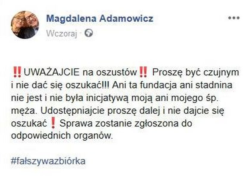 Magdalena Adamowicz ostrzega przed oszustami