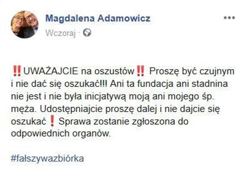 Magdalena Adamowicz ostrzega przed oszustami