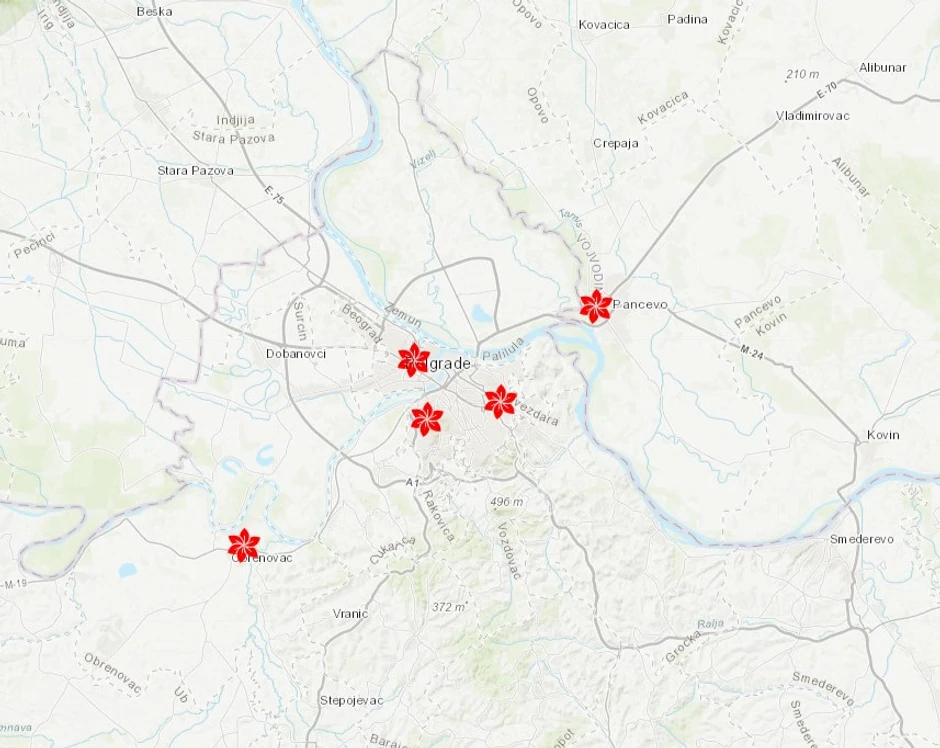 Mapa -- srednje vrednosti ambrozije u Beogradu