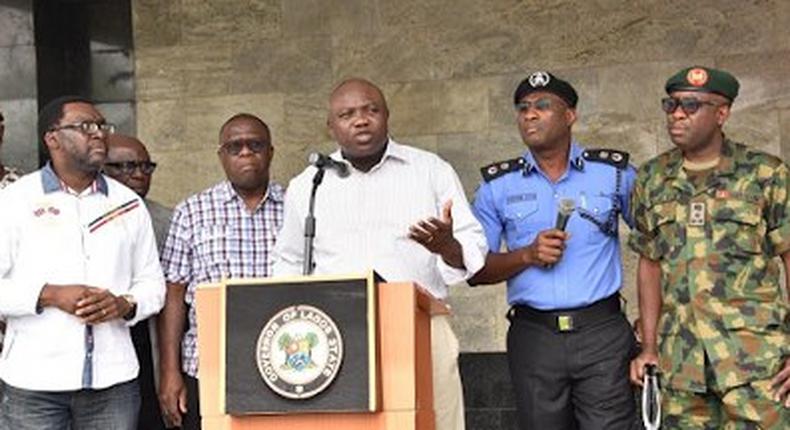 Governor Akinwunmi Ambode briefing the press on the rescue of the 3 abducted school girls. 