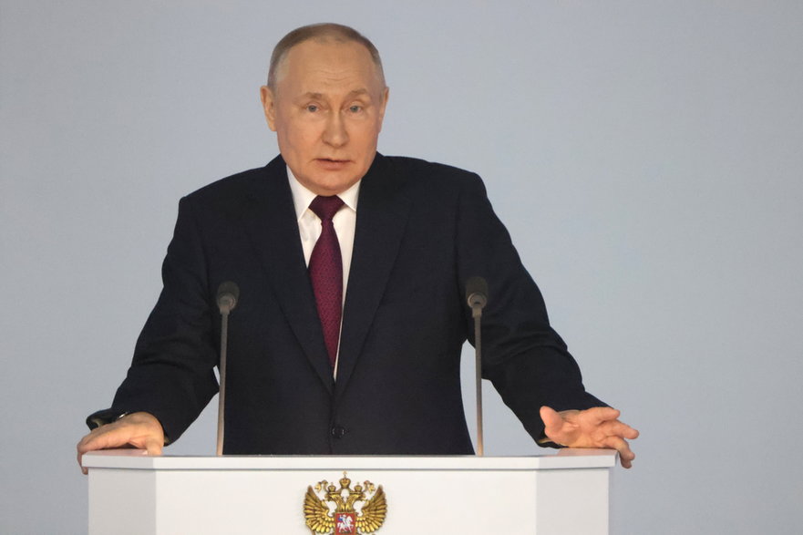 Prezydent Rosji Władimir Putin przemawia na dorocznym orędziu przed rosyjskim parlamentem, Moskwa  21 lutego 2023 r. 
