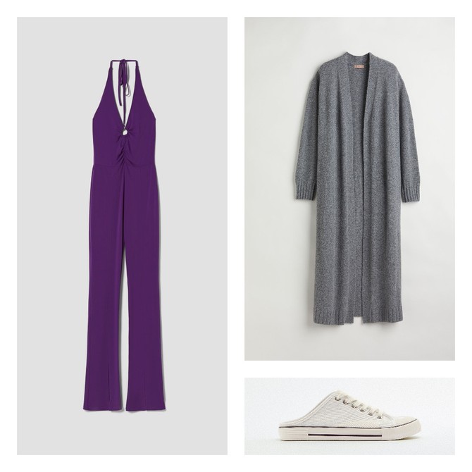 Kombinezon „Bershka“, kardigan „H&M“, patike-papuče „Zara“