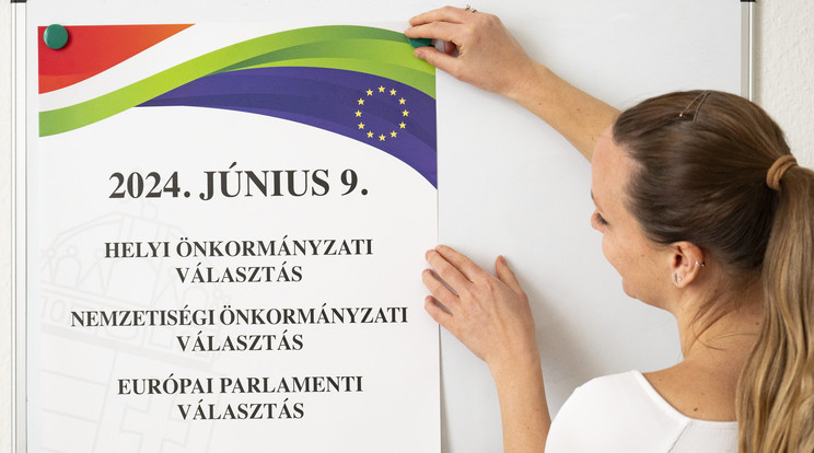 A június 9-ei önkormányzati, nemzetiségi és európai parlamenti (EP) választások hirdetménye a Nemzeti Választási Irodában 2024. március 21-én / Fotó: MTI/Szigetváry Zsolt