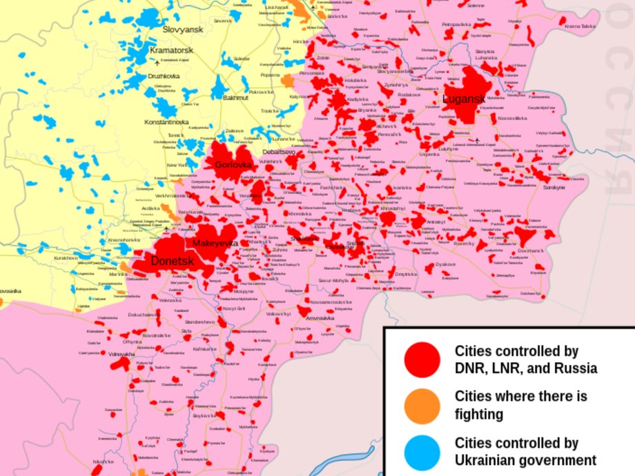 Tereny separatystyczne. Na czerwono miasta pod kontrolą Rosji bądź separatystów. Na niebiesko — pod kontrolą Ukrainy. Na pomarańczowo te, o które trwają walki.