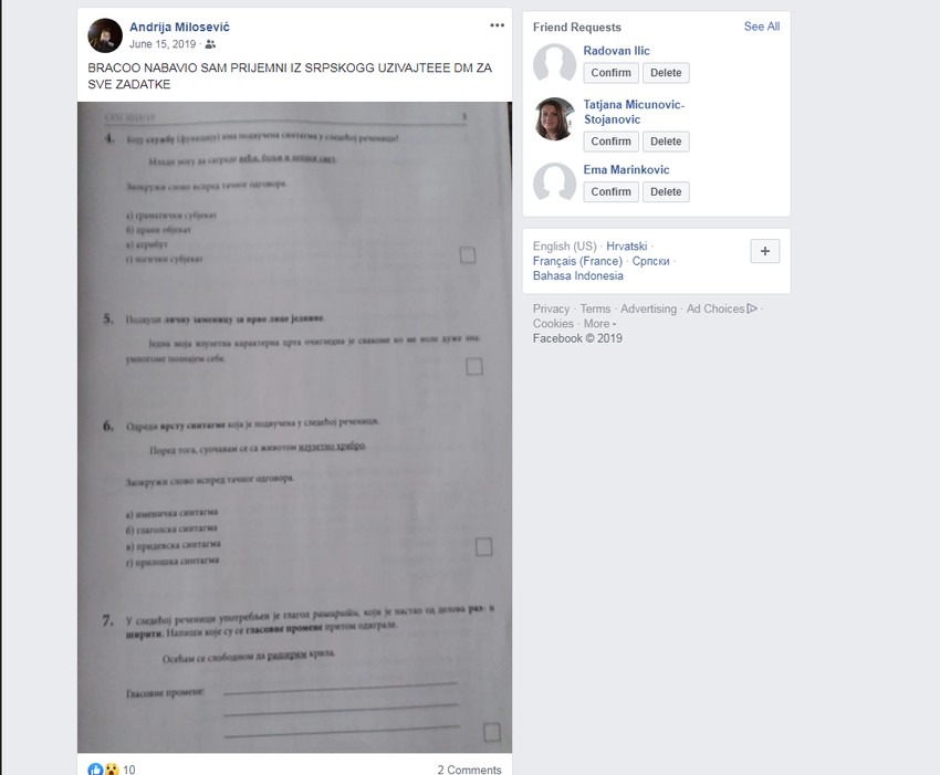 Objava sa lažnog profila