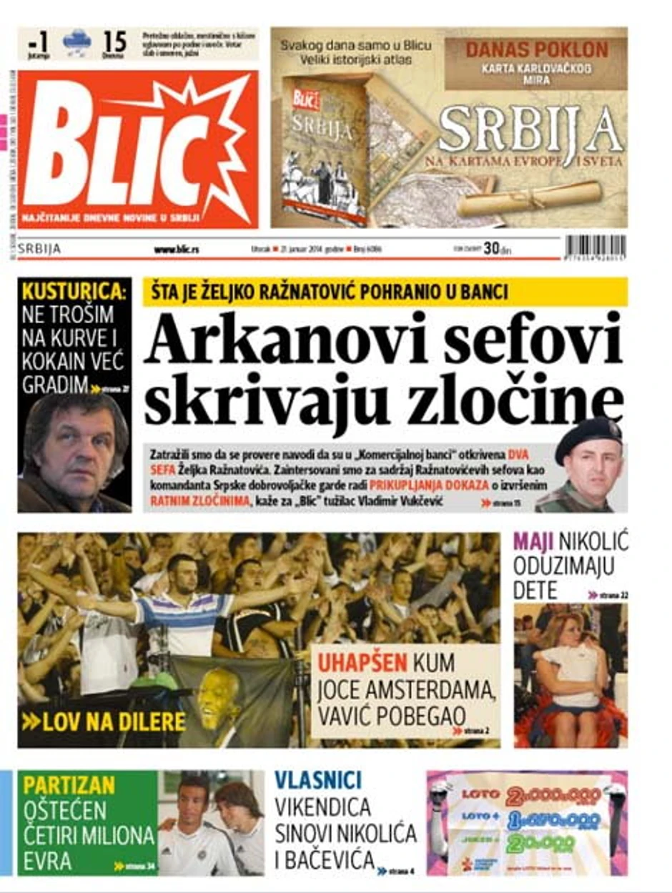 Naslovna strana štampanog izdanja "Blica" za utorak, 21. januar