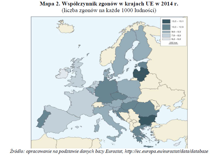 Współczynnik zgonów w krajach UE w 2014 r.; GUS