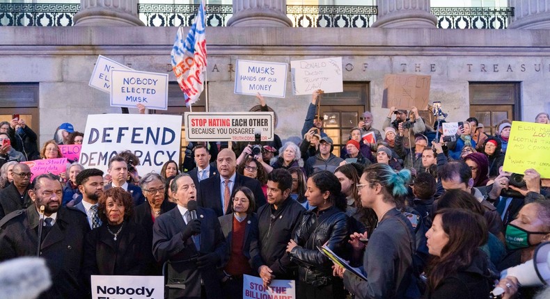 Some congressional lawmakers joined protesters during a rally against Elon Musk's DOGE outside the Treasury Department in Washington.AP Photo/Jose Luis Magana