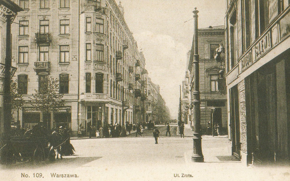 Ulica Złota przy skrzyżowaniu z ul. Marszałkowską ok. 1908 r.